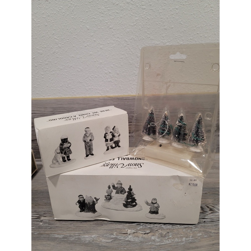Dept 56 snowball fort & here we come a'caroling & snow caped xmas trees